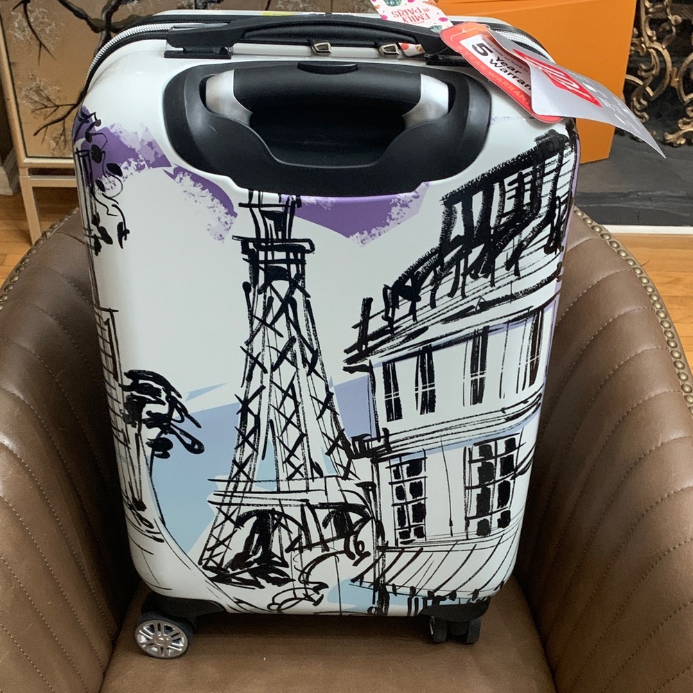 White Hard-Shell Emily in Paris Carry-On with Paris Sketch & Lavender Accents